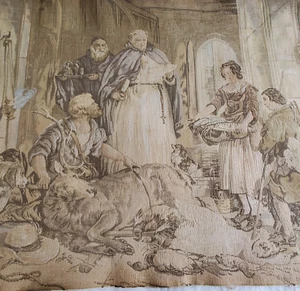 Antique French or English Tapestry BLESSING THE HUNT w/ Deer Stag Dogs 33" x 26" - Picture 1 of 17