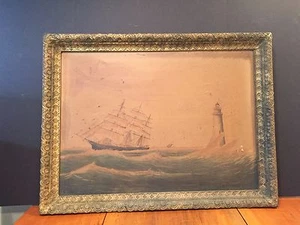 Antique Framed Nautical Sailing Ship Lighthouse Lithograph Print on Canvas - Picture 1 of 11