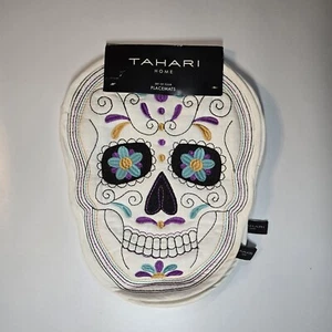 4 Tahari Placemats Sugar Skull Embroidered Cotton Set of Day of the Dead New - Picture 1 of 6