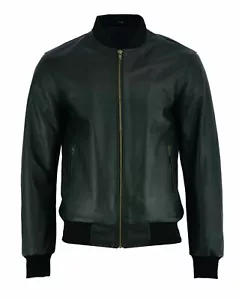 Men's Bomber Black Varsity Real Leather Sheepskin Jacket - Picture 1 of 3