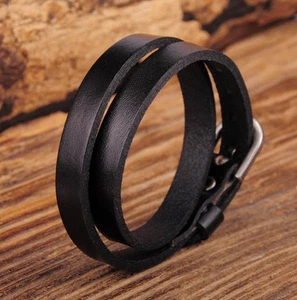 JG557 Black Biker Cute Vintage Double Wrap Leather Cowhide Buckle Bracelet Cuff - Picture 1 of 12