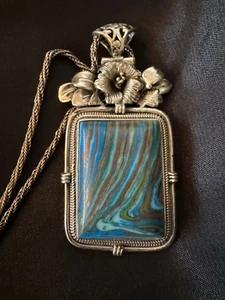 Rainbow Calsilica Sterling Silver Floral Necklace Pendant Art Nouveau 28 grams - Picture 1 of 9