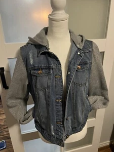 Juniors Denim Jacket With Jersey Hood And Sleeves Sz L, EUC, Free Shipping - Picture 1 of 9