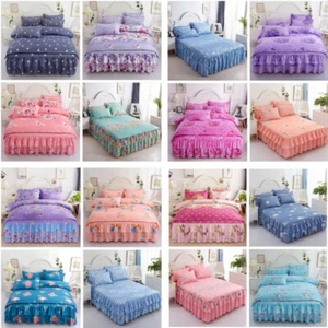 Retro Floral Printed Ruffled Elastic Bed Skirt Bedspread +Pillowcases Queen King - Picture 1 of 22