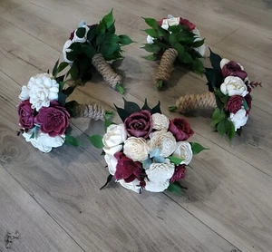 Burgundy Bridesmaid Bouquets Sola Wood Bridal Red Wine White Cream Wedding - Picture 1 of 6