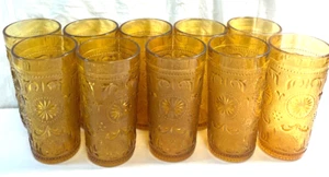 Set of 10 Vintage Drinking Amber Glasses - Starburst Hobnail Floral Pattern -Box - Picture 1 of 7