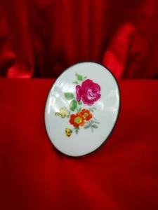 MCM 60s Vtg White Floral Red Rose Porcelain Sterling Round Brooch Czechoslovakia - Picture 1 of 4