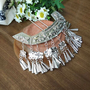 Tribal handmade Miao silver trumpet fringe headgear headdress hairpin 1piece