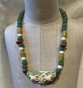 Vintage Chinese Jade Turquoise Coral Bead Necklace 17” - Picture 1 of 7