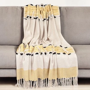 50" X 60" Yellow and Ivory Woven Cotton Striped Throw Blanket with Tassels - Picture 1 of 7