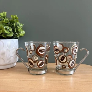 Cerve Italy Retro Style Coffee Bean Print Glass Coffee Cups with Metal Handles - Picture 1 of 9