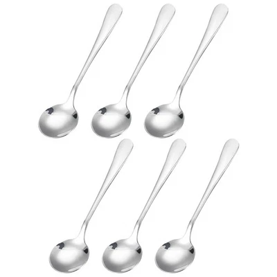 6Pcs 4.5" Stainless Steel Soup Spoon Tea Spoons Round Dinner Spoons Silver - Image 1 of 4