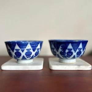Japanese 1900-1920 Stencil Pottery Blue And White Antique 2PC Rice Bowl Set! - Picture 1 of 11