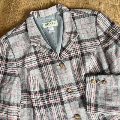 Blazer xadrez vintage feminino Orvis cinza/rosa janela tamanho 16 mistura de lã EUA - Imagem 1 de 4