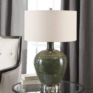 ELVA AGED EMERALD GREEN CERAMIC CRYSTAL BASE ACCENT TABLE LAMP 27759 - Picture 1 of 7
