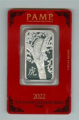 PAMP SUISSE 2022 AÑO LUNAR DEL TIGRE 1 OZ BARRA DE PLATINO 999,5 EN TARJETA DE ENSAYO Foto 1 de 2