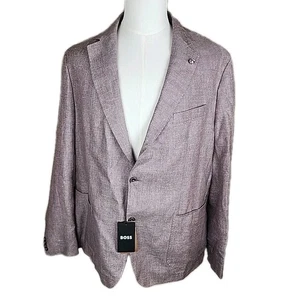 Hugo Boss Mens Blazer Size 48R Summer Linen Wool Blend Light Brown Micro Check  - Picture 1 of 12