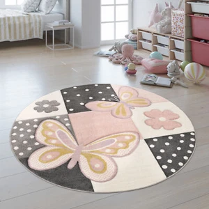 Kinder Teppich Kinderzimmer Bunt Rosa Schmetterlinge Karo Muster Punkte Blumen - Bild 1 von 1