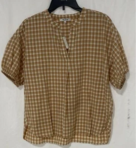 NWT Madewell Womens Brown Check Cotton Short Sleeve Blouse Top Size Large - Picture 1 of 6