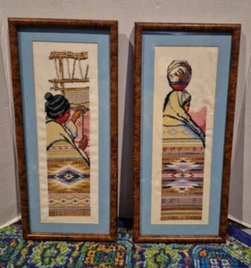 2 Cross Stitch Pictures Southwestern Women Weaving 20" X 9" - Picture 1 of 4