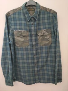 ALLSAINTS SHIRT MENS LARGE LONG SLEEVE CHECKED CHECK CAMO SLIM FIT GREEN BLUE - Picture 1 of 16
