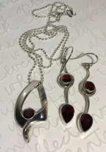 Handmade SET Garnet Twist 925SS Pendant 20” Neckace & Drop Hook Earrings 10.9g - Picture 1 of 11