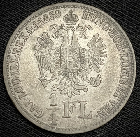 1859 B Silver Austria 1/4 Florin Franz Joseph Coin KM#2214 Cover