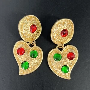 Mogul Jewel Earrings Pierced Dangle Gold Tone Heart Red Green Cabochon Etruscan - Picture 1 of 6