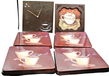 Coffee Bar Lot Stove Burner Covers Wall Art Wall Clock 6 Pieces Brown Tone Decor