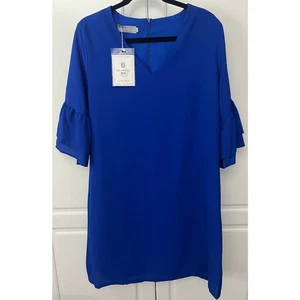 Belongsci royalblaues Mini Etuikleid V-Ausschnitt Glockenärmel Gr. L Neu mit Etikett - Bild 1 von 8
