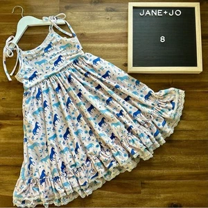 Jane + Jo House Dress Pink Blue Wild Horses Ruffle Sleeveless Lace Straps 8 - Picture 1 of 8
