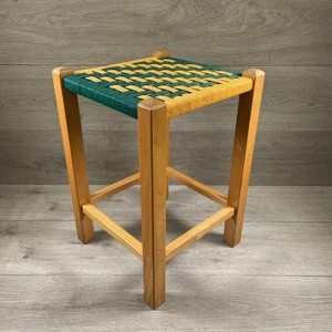 Vintage Tall Woven String Topped Wooden Stool Green/Yellow Seat 17" inches tall - Picture 1 of 12