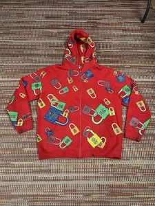 Vintage Y2K Miskeen Lock Full Zip Hoodie All Over Print Size 2XL Red - Picture 1 of 14