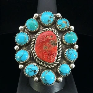NAVAJO STERLING LARGE CLUSTER SPINY CORAL & TURQUOISE RING SIGNED A (WCP032600) - Picture 1 of 6