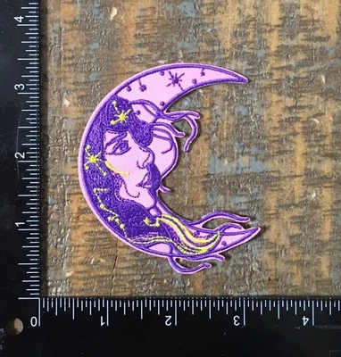 CRESCENT MOON Stars Celestial Woman Embroidered Iron-On Patch Pink/Purple - Image 1 of 2