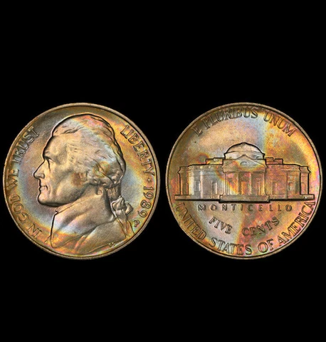 MS64FS 1989-P 5C Jefferson Nickel, PCGS Secure- Pretty Rainbow Toned Cover