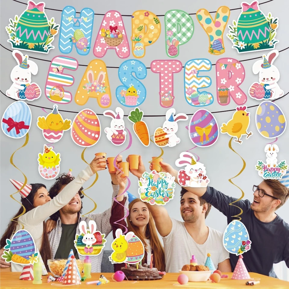 Decoraciones de fiesta de cumpleaños de Pascua, huevo de Pascua conejito pancarta colgante remolino decoración Foto 1 de 4