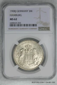 NGC MS62 1908-J HAMBURG GERMANY SILVER 3 MARKS (BC03) - Picture 1 of 2