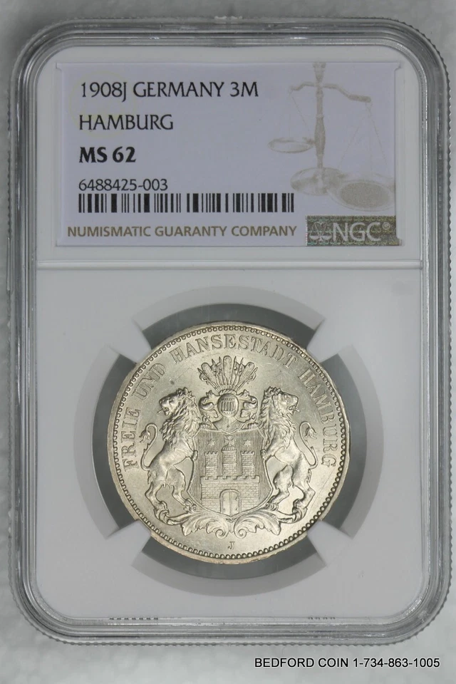 NGC MS62 1908-J HAMBURG GERMANY SILVER 3 MARKS  (BC03) - Image 1 of 2