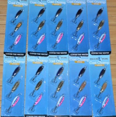 10 Paquetes Zorro Azul Fundido Champ Cucharas Surtido Kit Oro Cromo Azul Trucha 1/8oz Foto 1 de 4