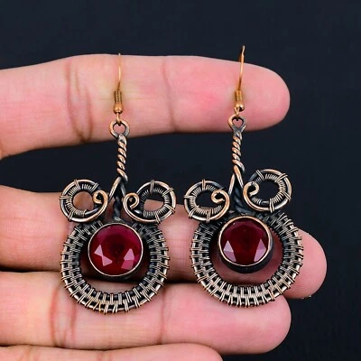 Удивительные созданные в лаборатории серьги ручной работы из медной проволоки с рубином и драгоценными камнями ювелирные изделия - Изображение 1 из 4