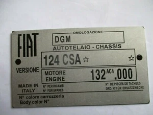Type Plate FIAT Sign 124 CSA 124CSA Abarth Rally Spider Pininfarina S68 BJ - Picture 1 of 1