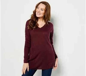 Denim & Co. V-Neck Drop-Shoulder Pocketd Tunic-Wine-Petite Medium A458594 - Picture 1 of 3
