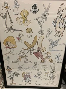 Virgil Ross Sketch - Bugs Bunny, Daffy Duck, Elmer Fudd | Framed COA 36 x 24 - Picture 1 of 9