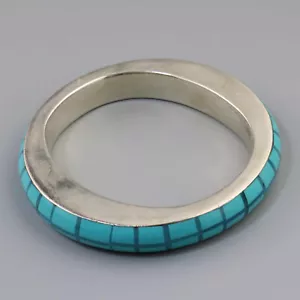 Vintage Turquoise Art Glass + Enamel Plaid Sterling Silver Bangle Heavy Bracelet - Picture 1 of 6