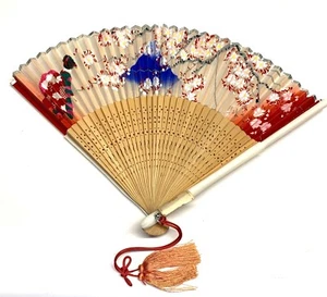 Japanese Paper Fan Hand Painted Geisha Girls Lotus Blossoms Vintage 1950s - Picture 1 of 4
