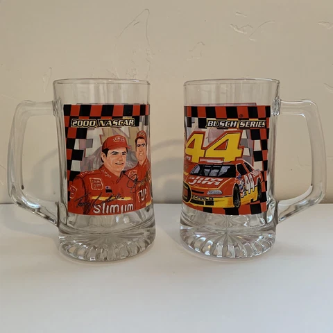 2000 Nascar Pair Set Of 2 Slimjim Racing Team Glass Beer Mug Heavy Glass Cover
