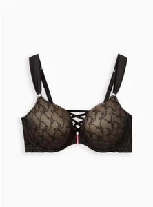 Torrid Betsey Johnson Black Bow Lace Front Clasp Lightly Lined T-Shirt Bra - 46D - Picture 1 of 3