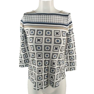 NWT CHARTER CLUB 100% Pima Cotton Geometric Double Petite Boat Neck 3/4 Sleeve - Picture 1 of 11