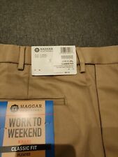 Haggar Men's Work to Weekend No Iron Classic Fit Trousers W34 x  L29 Khaki BNWT 